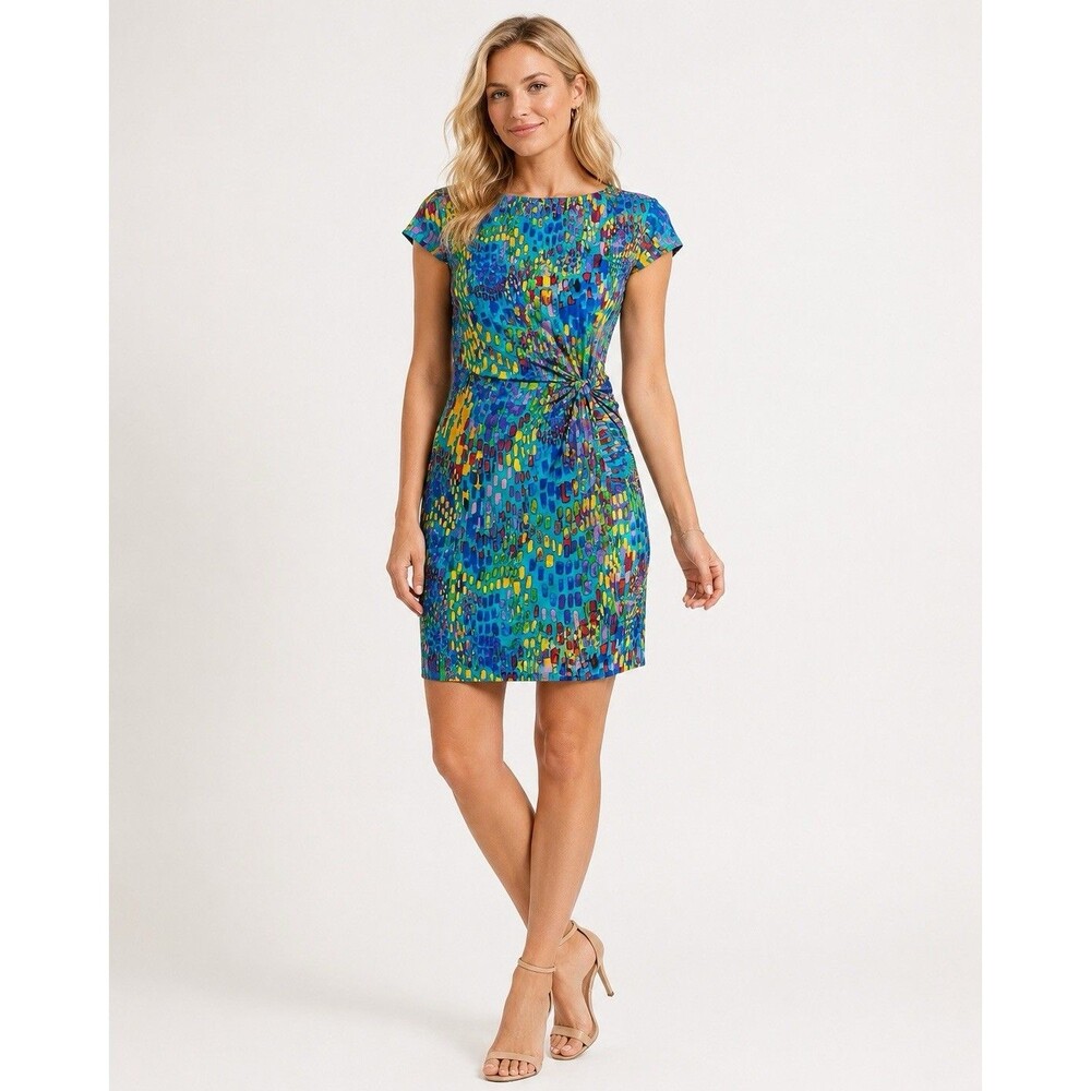 Ellen Tracy Dress W M Abstract Art Print Twist Waist Stretch Sheath Colorful